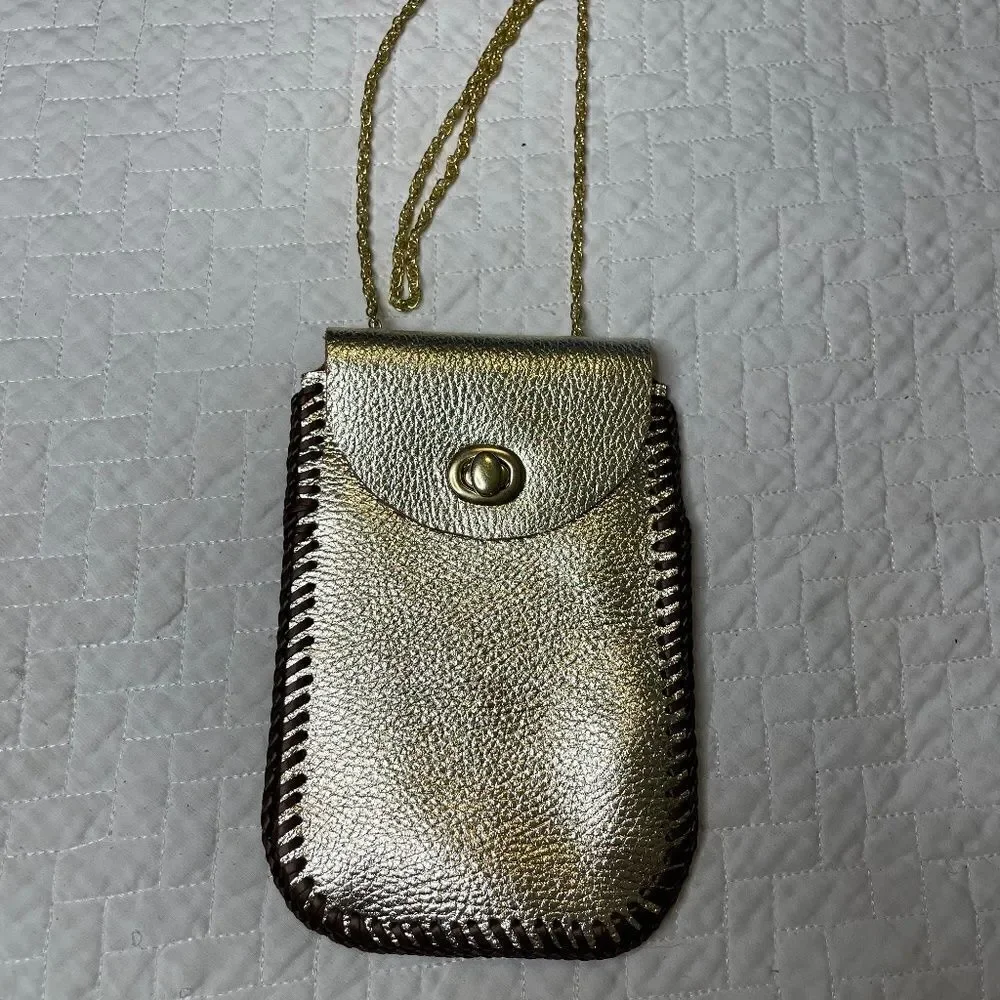 Handmade Custom Gold & Brown Leather Wrap Small Satchel w/ Gold Toned String - Picture 1 of 9